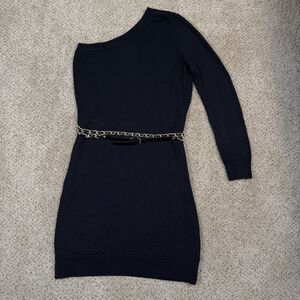 Michael Kors One Shoulder Black Sweater Dress w/ Black & Gold Belt Size Small